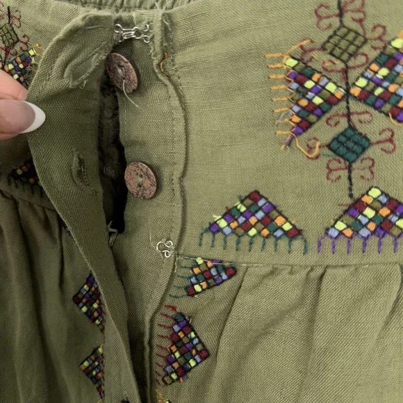Maeve Skirt Womens 14 Green Embroidered Button A-Line Linen Blend Boho Fairy - Picture 7 of 15